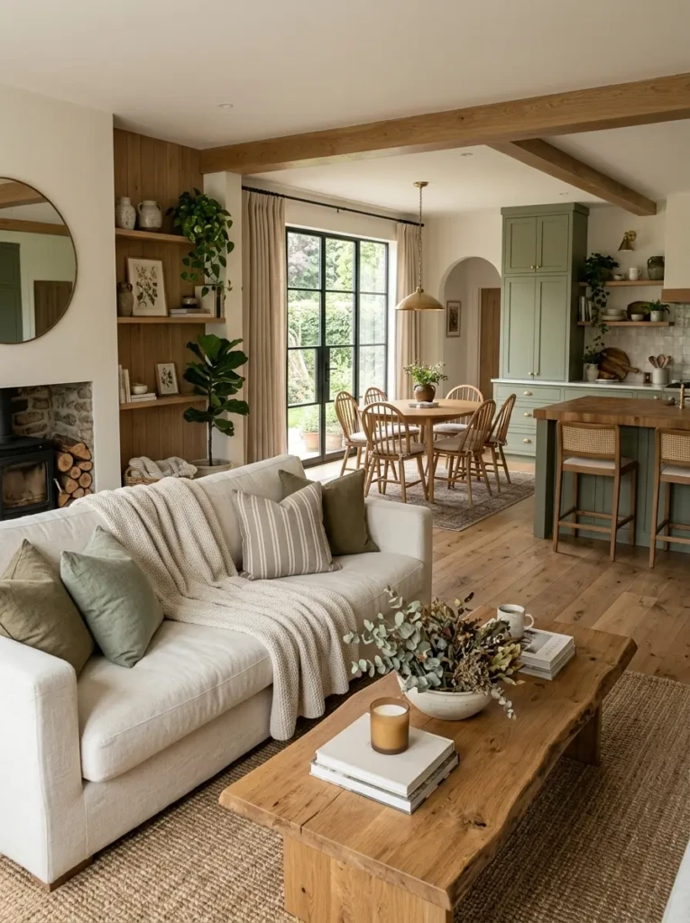 Cozy open layout living room dining room with earthy colors and layered textures.