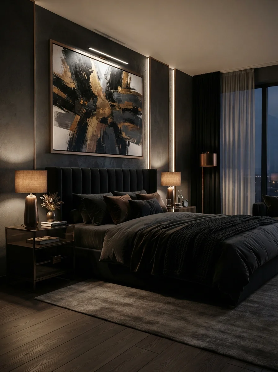 4. Dark Modern Bedroom With Dramatic Elegance