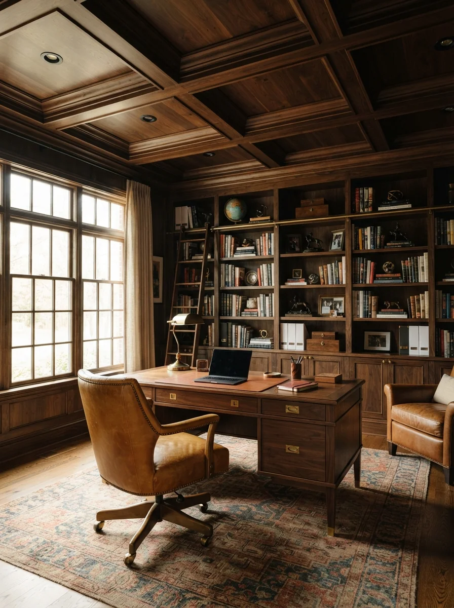 5. Dark Walnut Coffered Ceiling Home Office