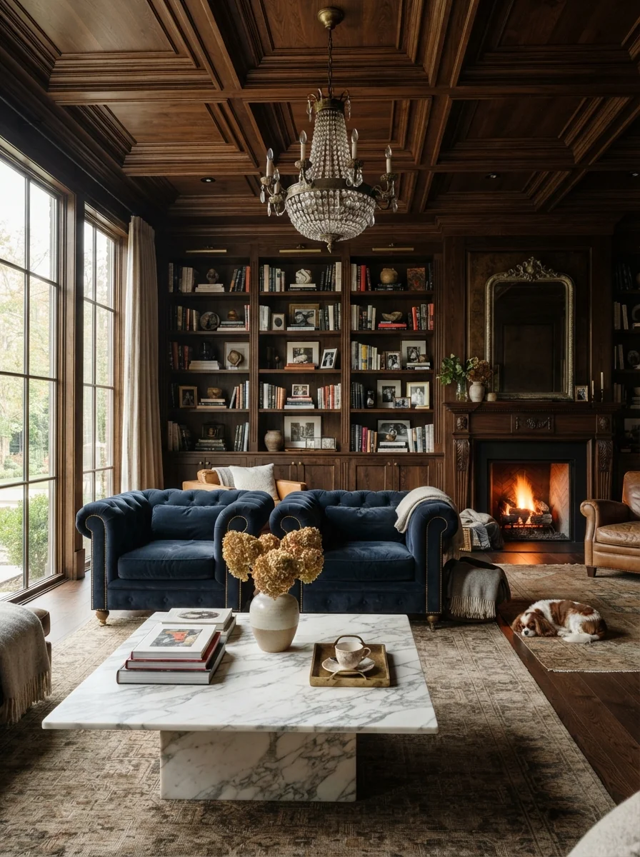 5. Dark Walnut Coffered Ceiling With Classic Luxury