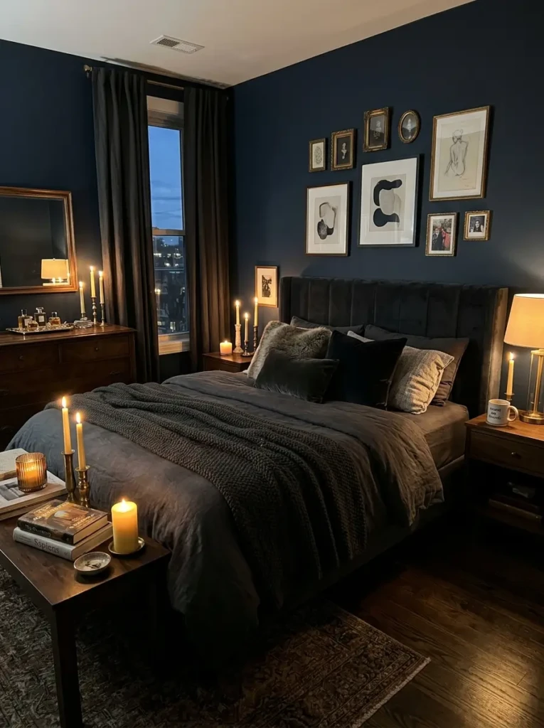 Elegant dark bedroom with cozy accessories and warm ambient lighting.