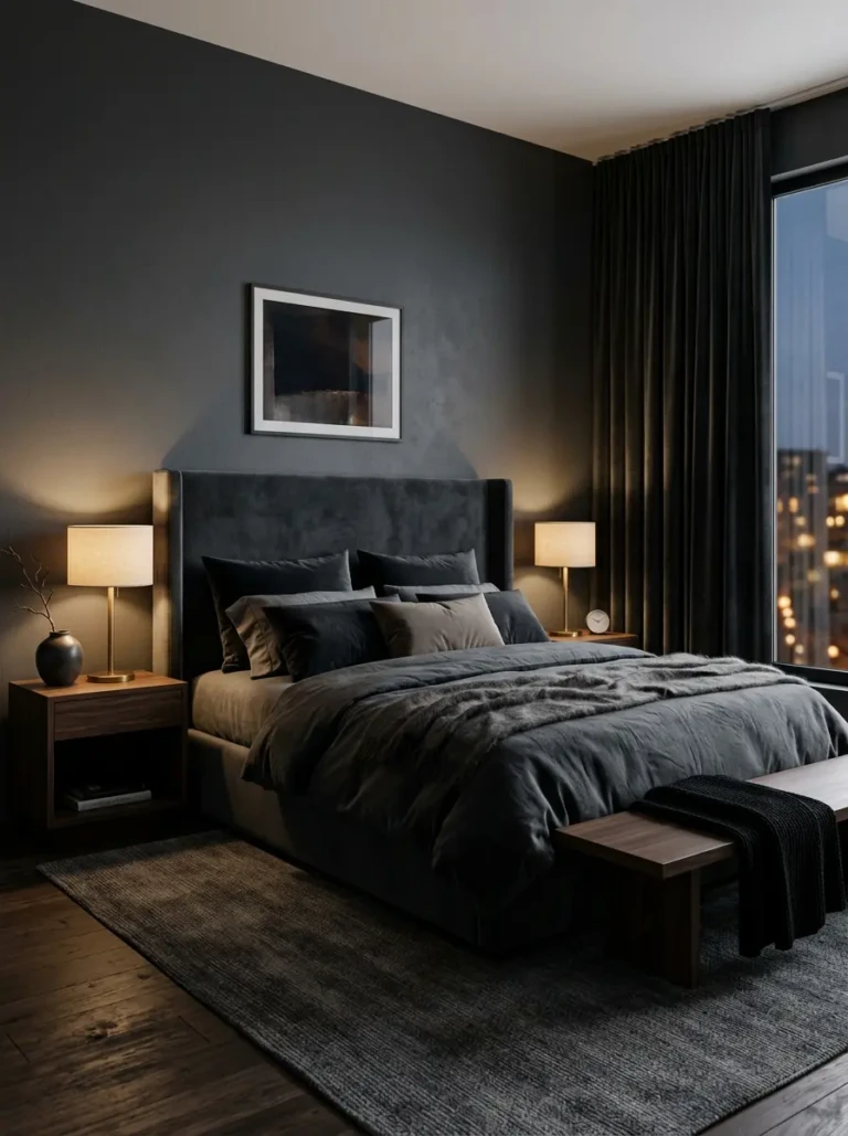 Cozy dark bedroom aesthetic with charcoal walls, layered bedding, warm lighting, and modern luxury decor.