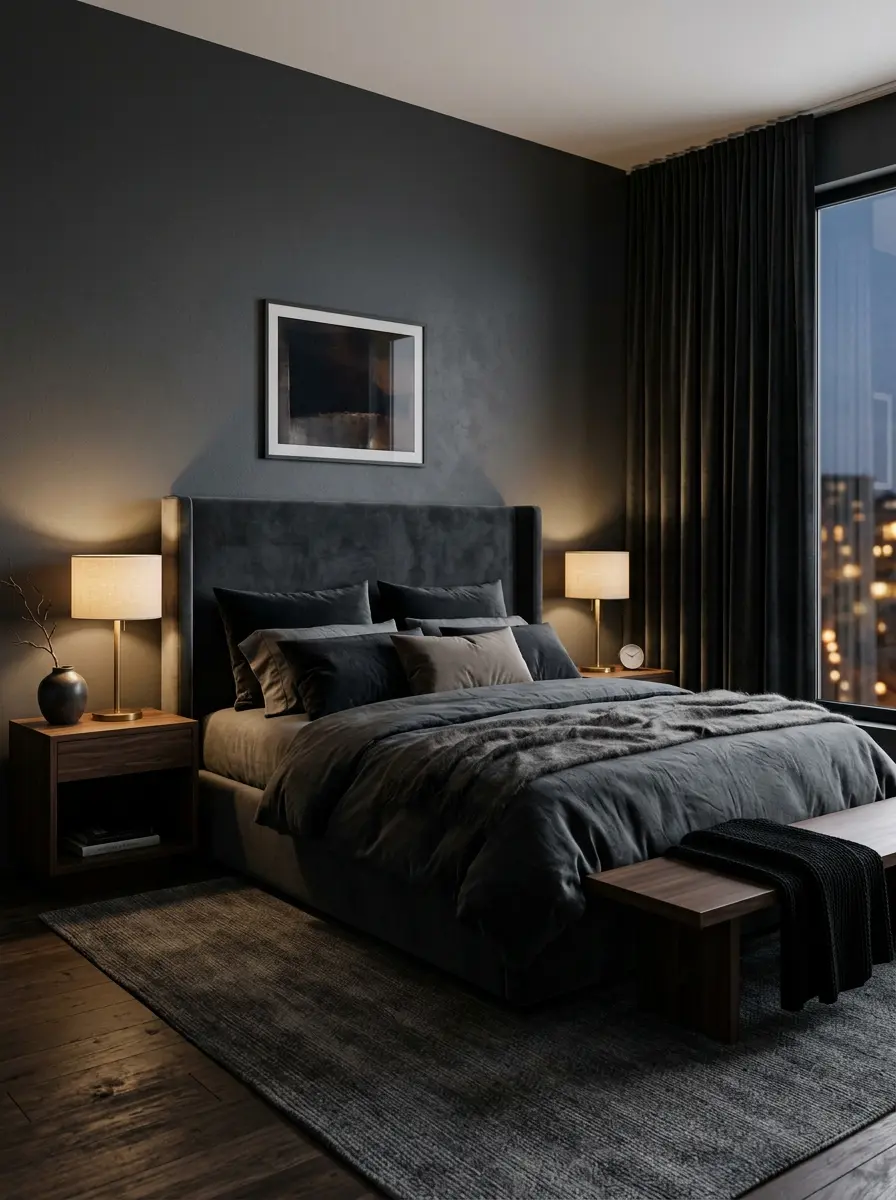 Cozy dark bedroom aesthetic with charcoal walls, layered bedding, warm lighting, and modern luxury decor.