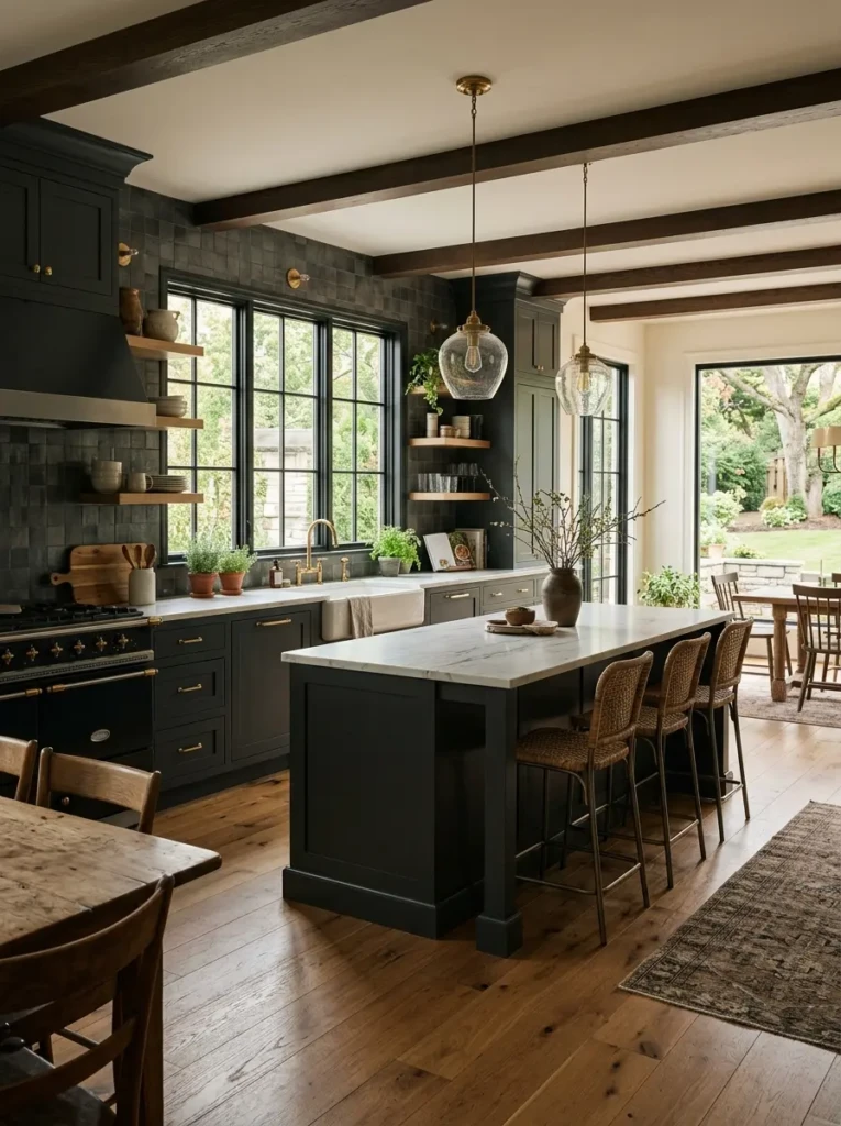 Iron ore cabinets paired with oak floors and black-framed windows.