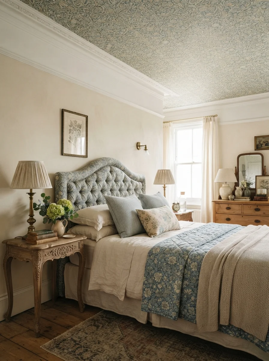 11. Decorative Wallpaper Ceiling With Vintage Charm