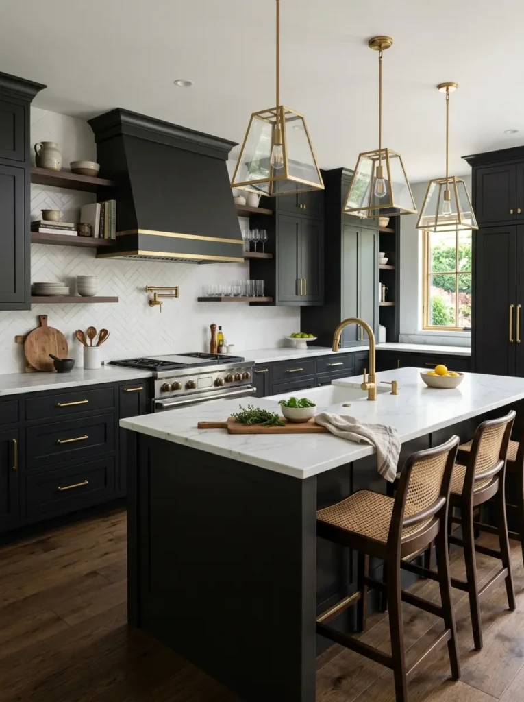 Iron ore cabinets paired with brass faucet, pendant lights, and matching hardware.