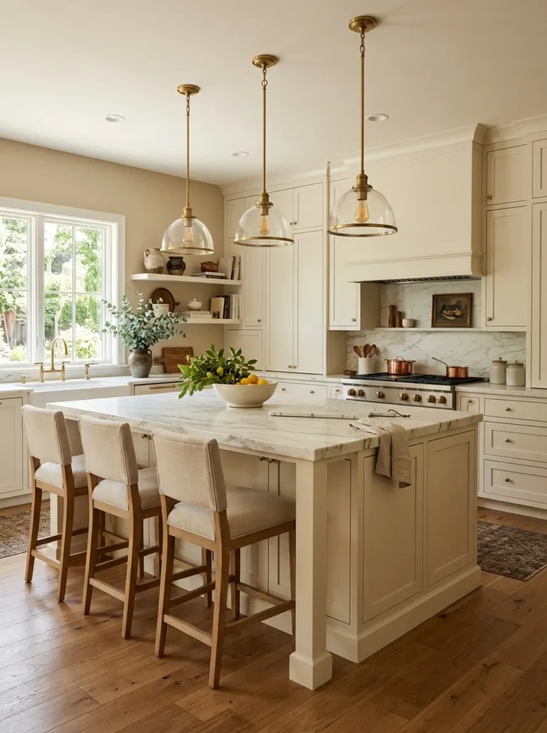 Elegant off white kitchen with a large island and warm layered lighting.