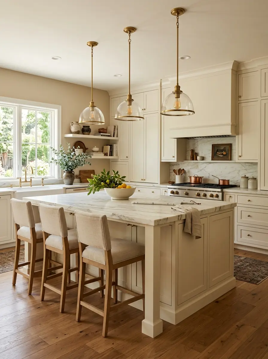 Elegant off white kitchen with a large island and warm layered lighting.