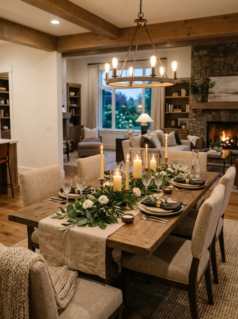 Styled dining table with greenery and candles in an open concept dining room.
