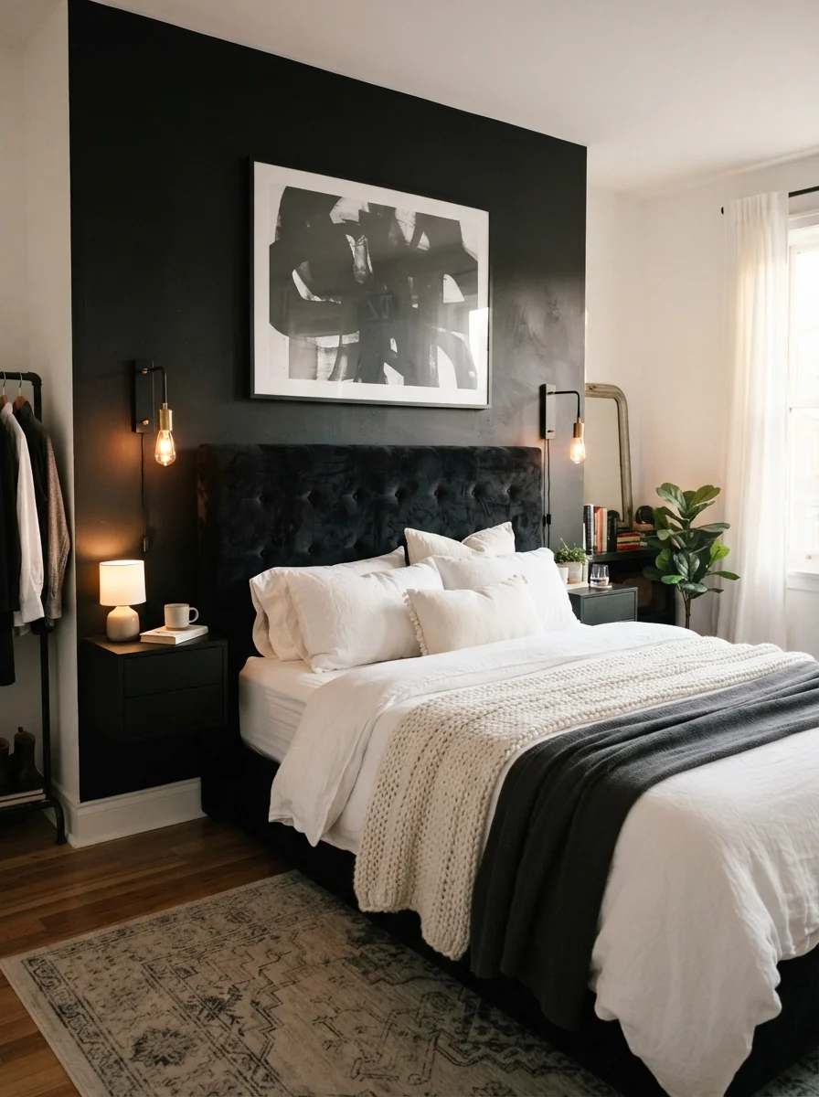 10. Dramatic Black Feature Wall With Crisp White Layers