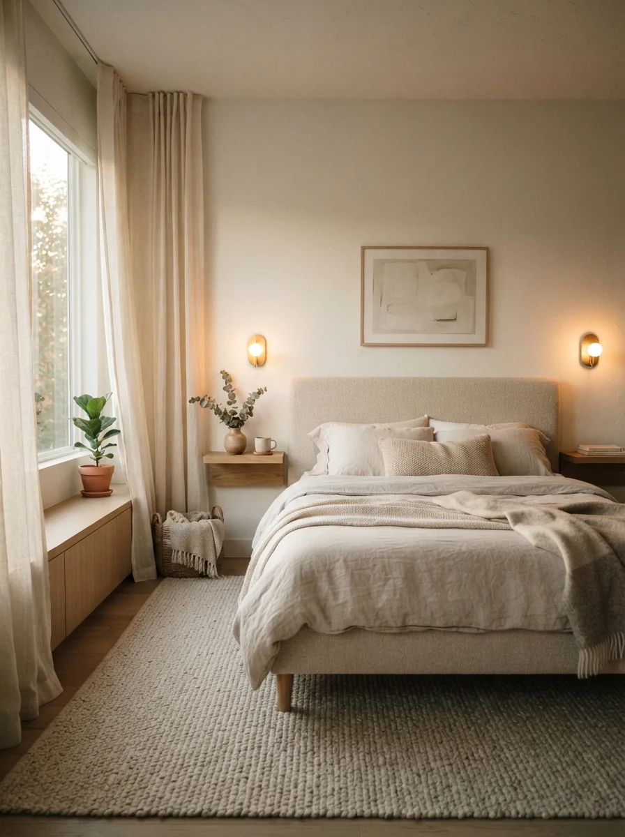 10. Dreamy Cozy Minimalist Bedroom With Warm Lighting