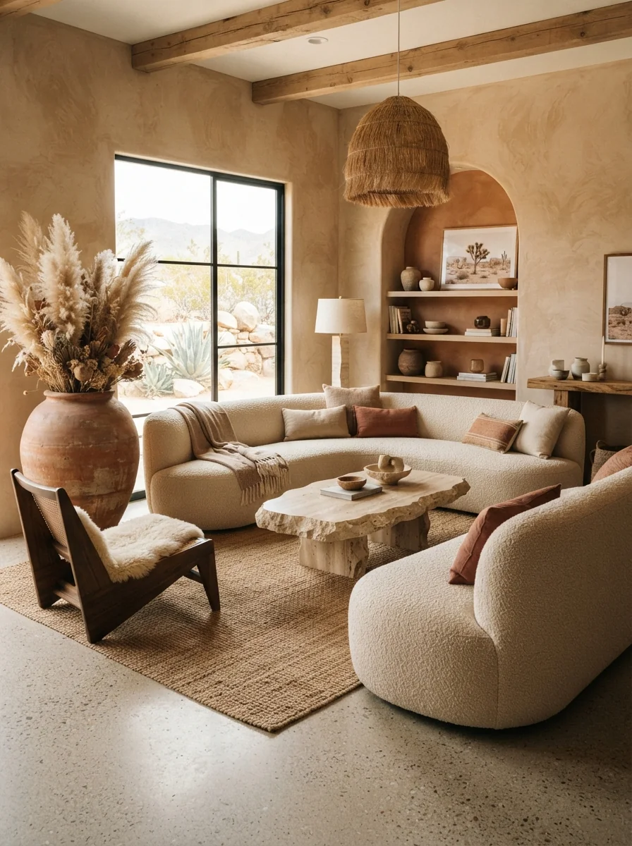 2. Earthy Desert Retreat With Sculptural Decor