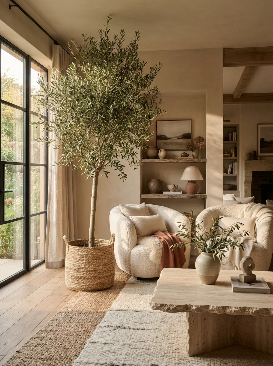 3. Earthy Organic Living Room Featuring A Massive Olive Tree