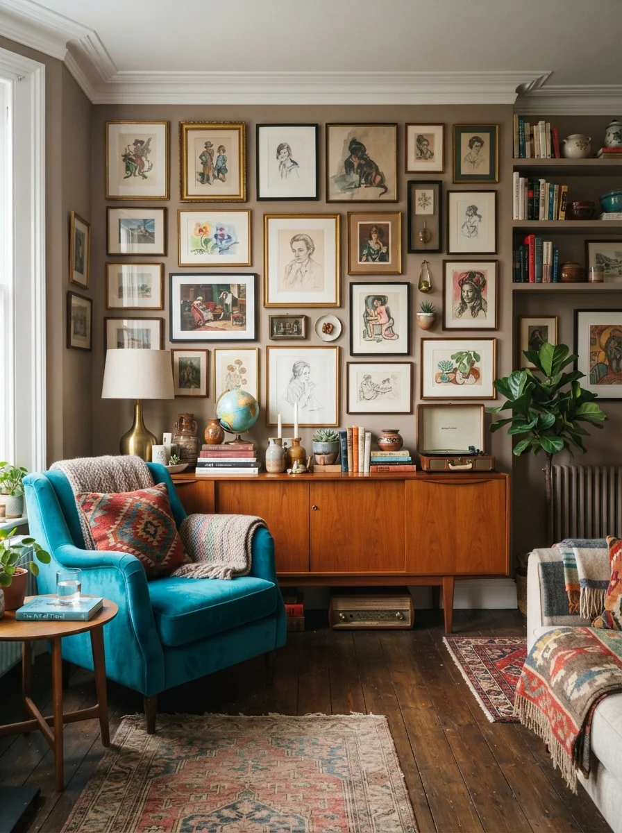 12. Eclectic Collector's Living Room With A Curated Gallery Wall