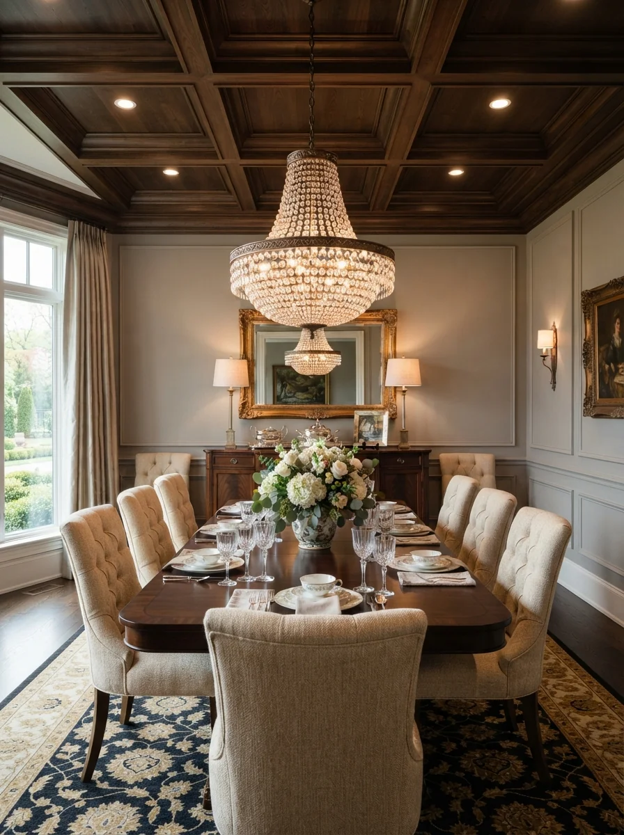5. Elegant Coffered Walnut Ceiling Dining Room