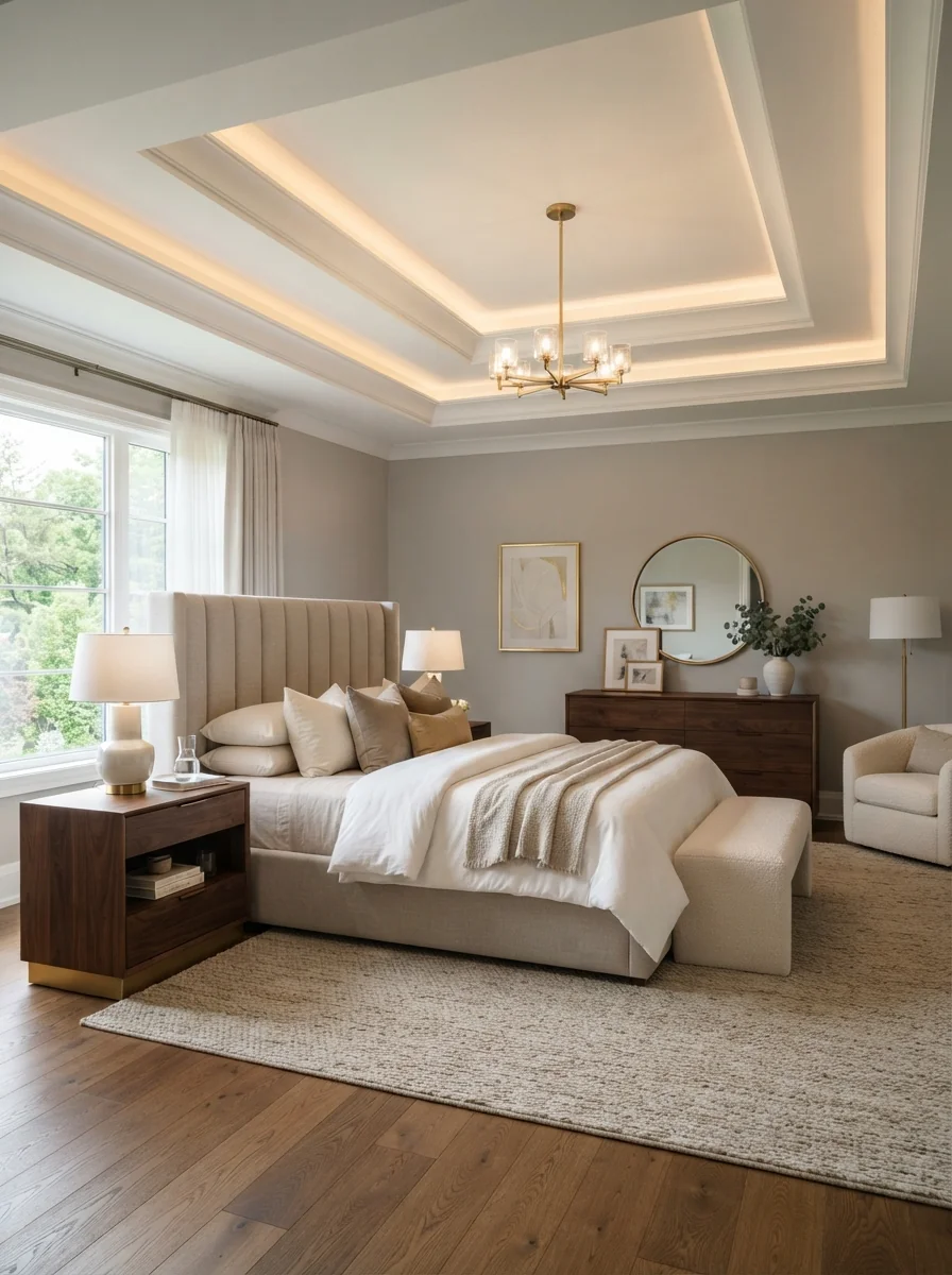 10. Elegant Master Suite With Layered Profile Ceiling Design