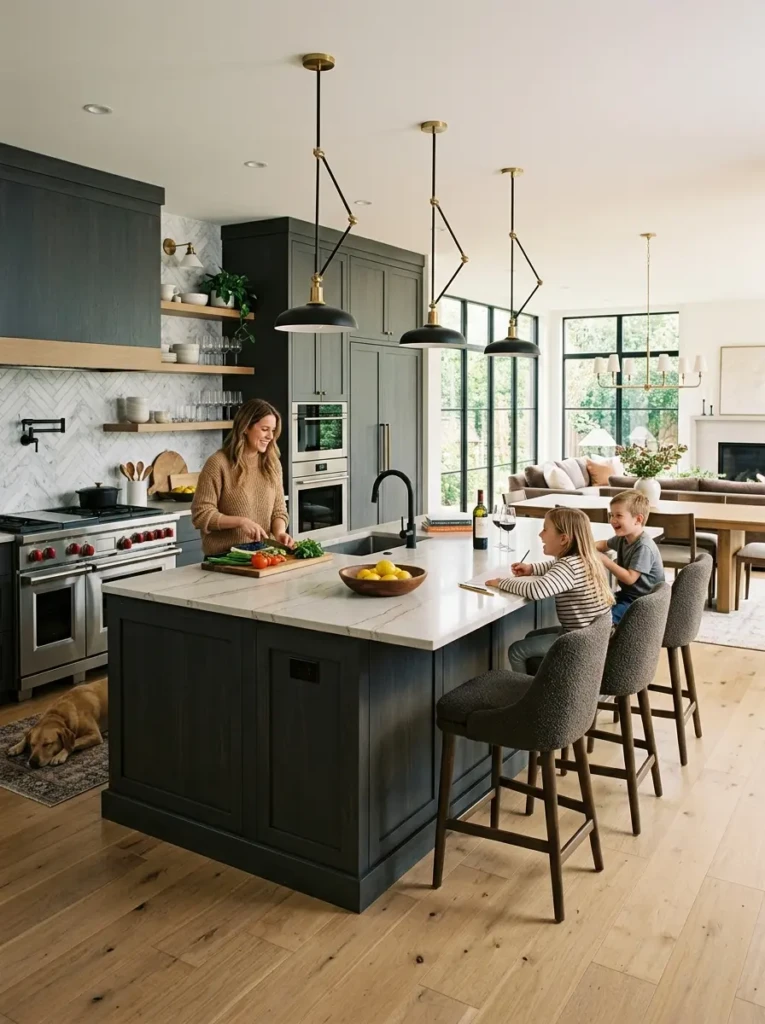 Spacious family kitchen centered around a large iron ore island with seating.