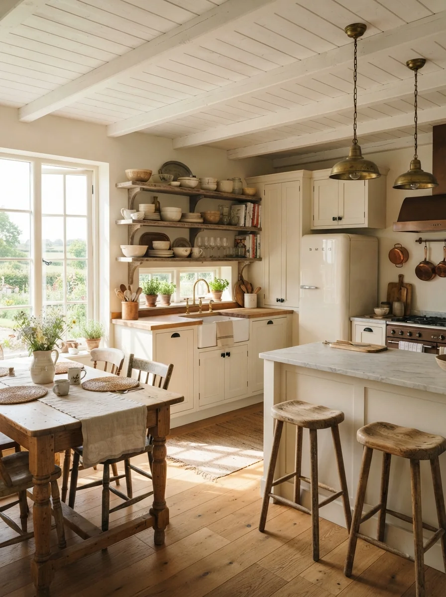 9. Farmhouse Kitchen With Painted Wood Plank Ceiling