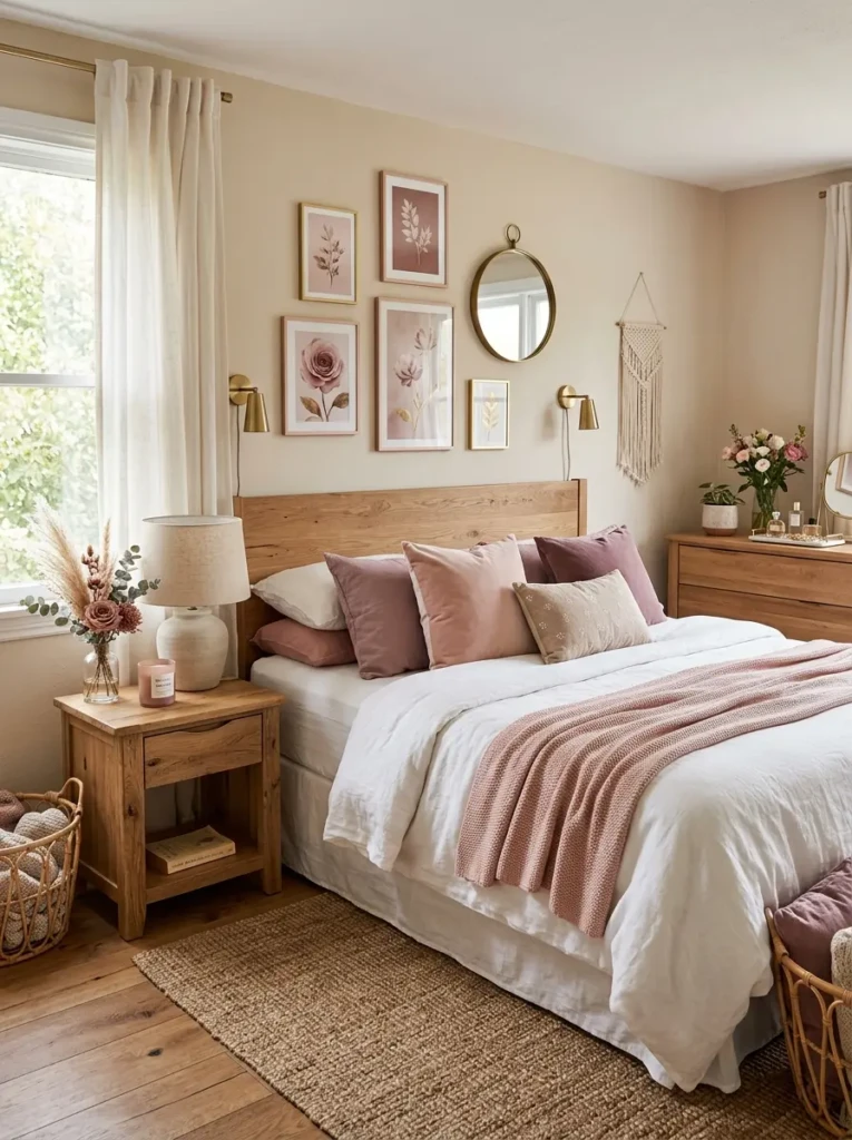 Dusty rose, blush, and mauve bedroom color palette with neutral accents.
