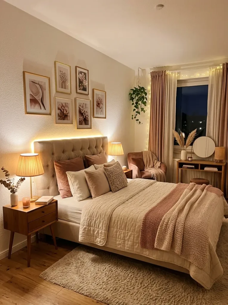 Ambient lighting with lamps and candles in a cozy feminine bedroom.