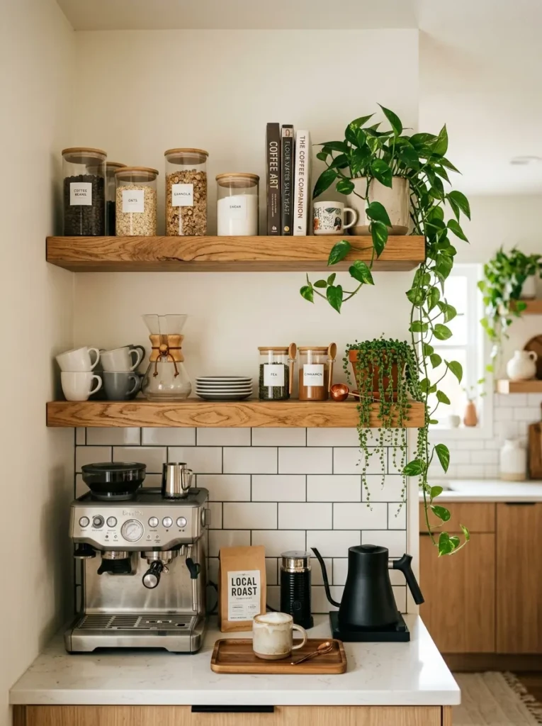 Floating shelves with jars, plants, and cookbooks above a coffee station.