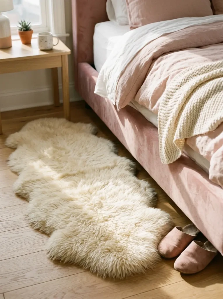 Fluffy faux fur rug beside a blush pink bed in a cozy bedroom.