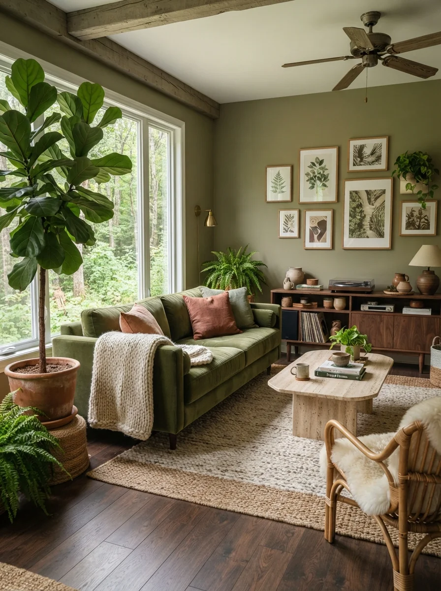 4. Forest-Inspired Living Room With Rich Green Layers
