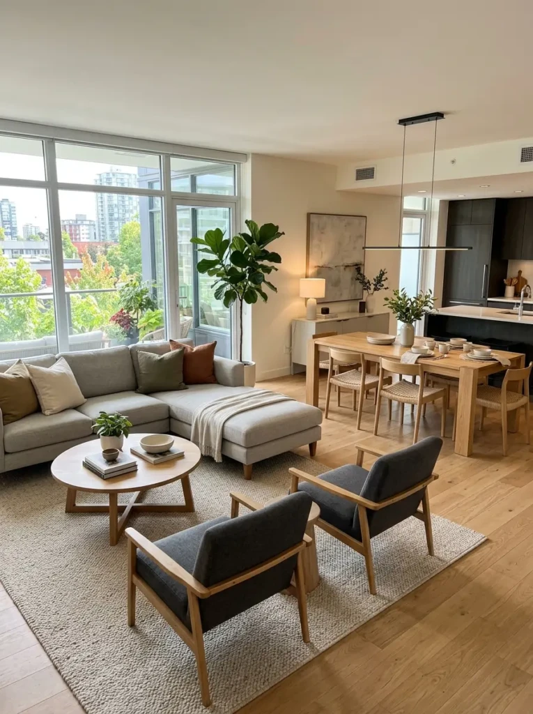 Open concept living room dining room with balanced furniture and clear walkways.