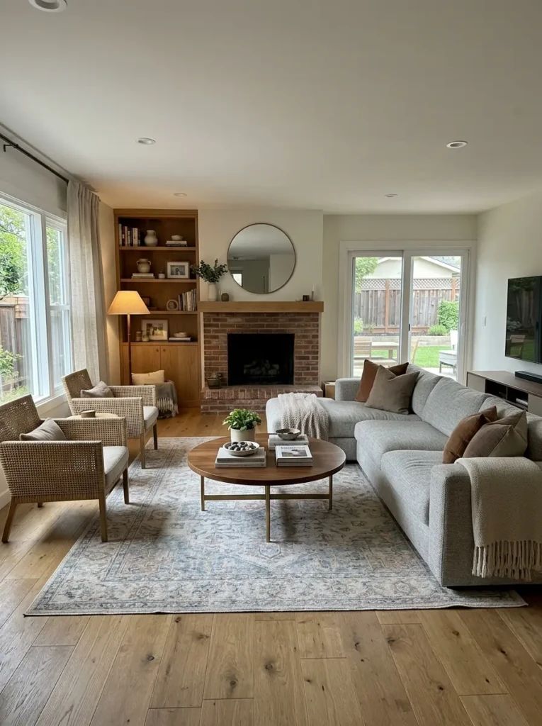 Well-planned long living room with easy movement around furniture.