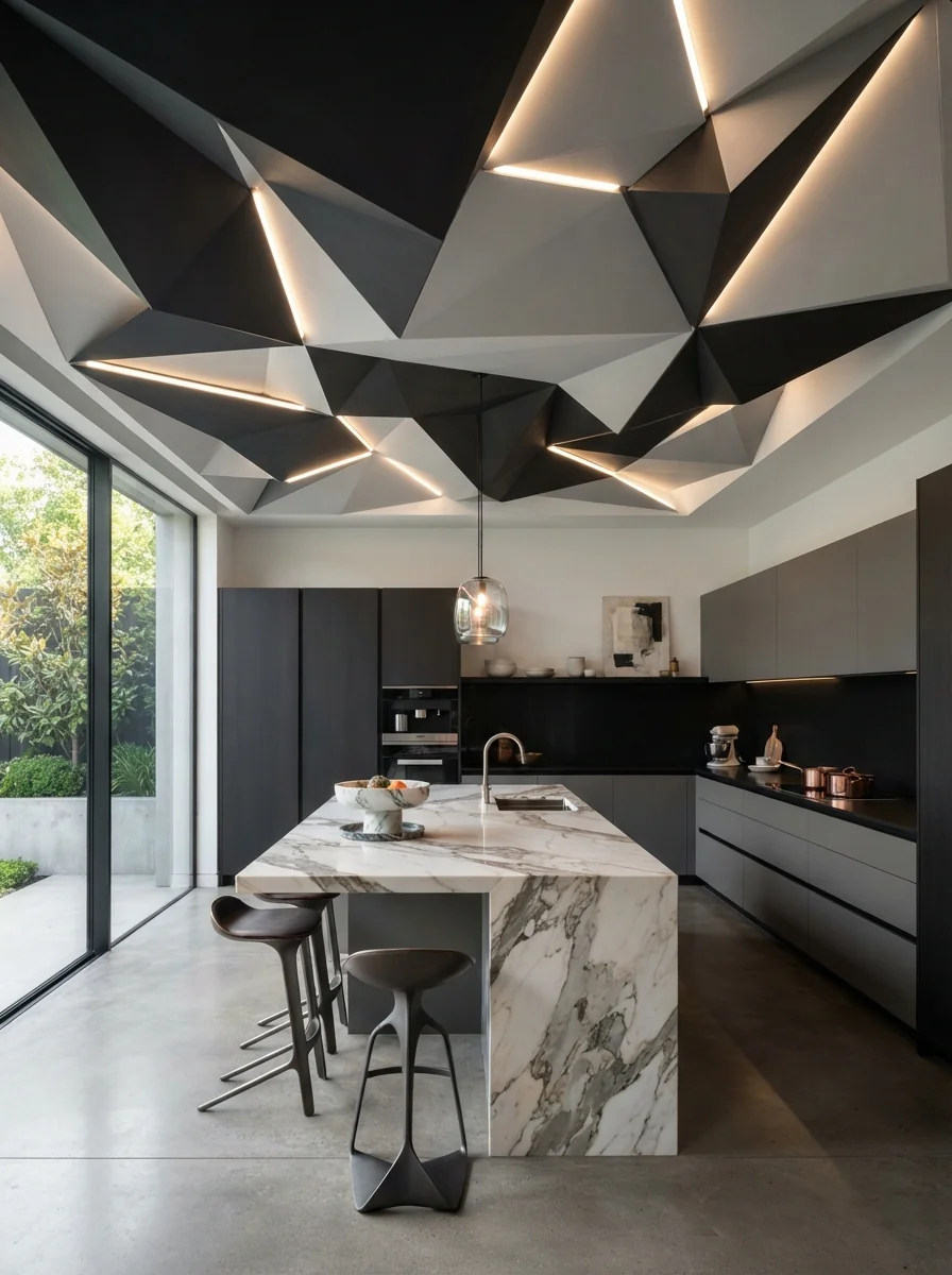 10. Geometric Ceiling Panels With Artistic Contemporary Style