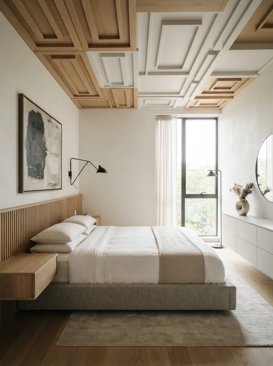 6. Geometric Panel Ceiling With Contemporary Elegance