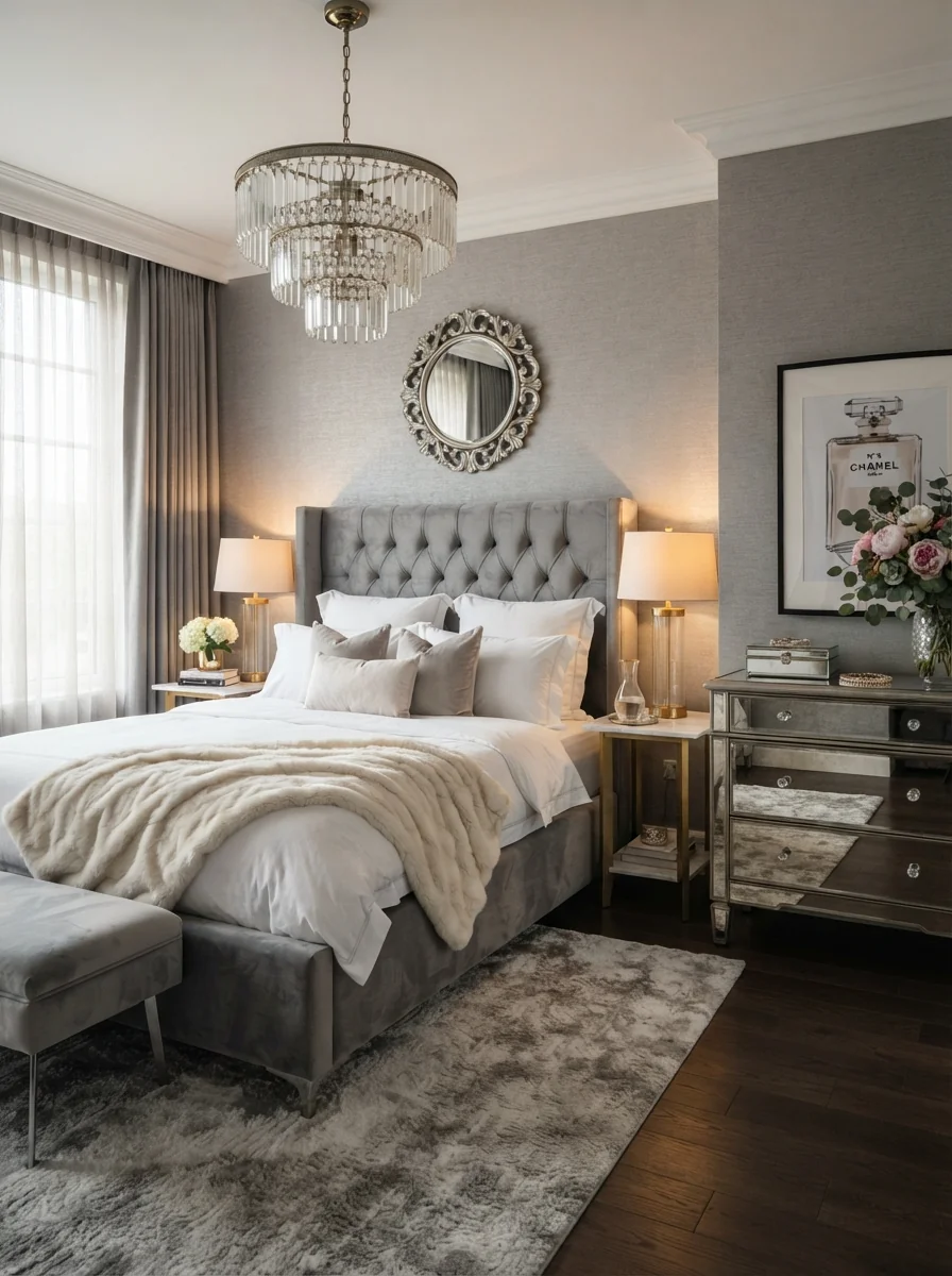 10. Glam Grey and White Statement Bedroom