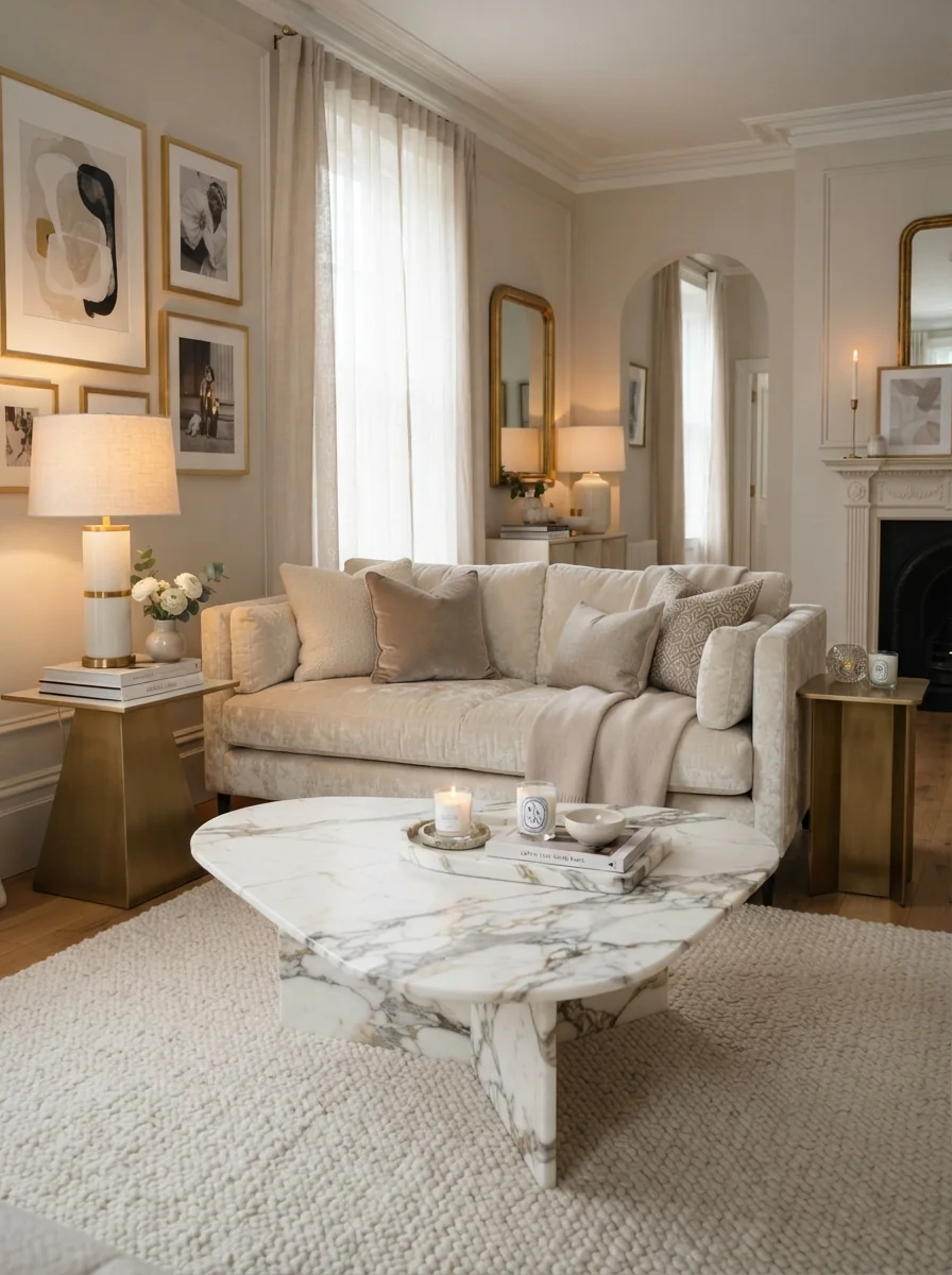 4. Glam Living Room With A Bold Marble Coffee Table