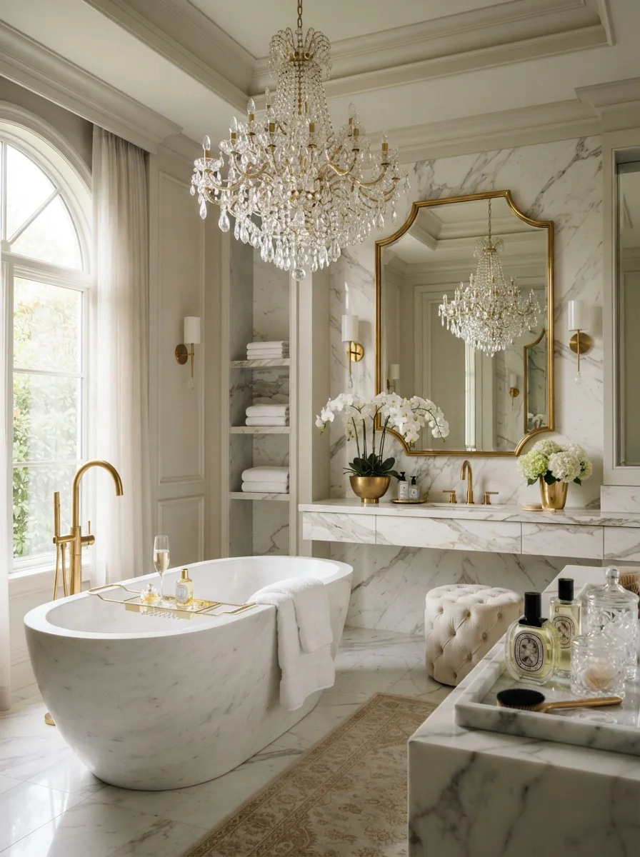 9. Glam Modern Bathroom With Crystal And Gold Details