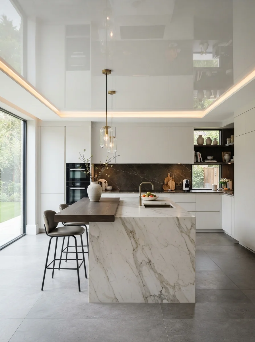 8. Glossy Reflective Ceiling With Contemporary Luxury