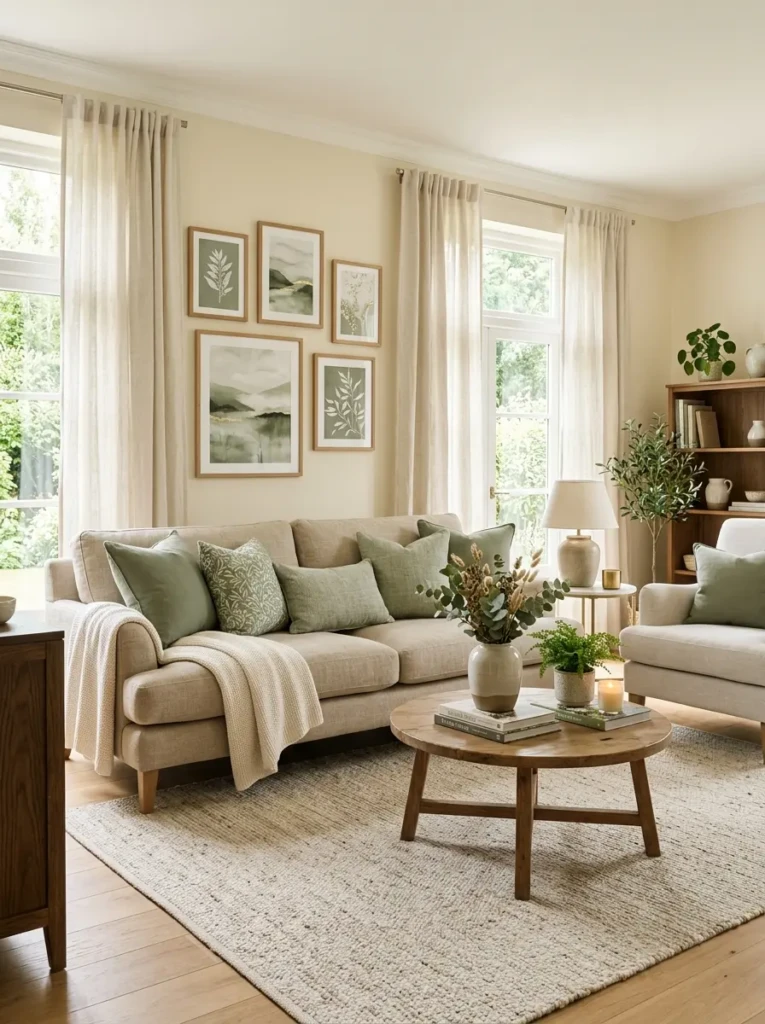 Sage green accents and neutral decor throughout a long living room.