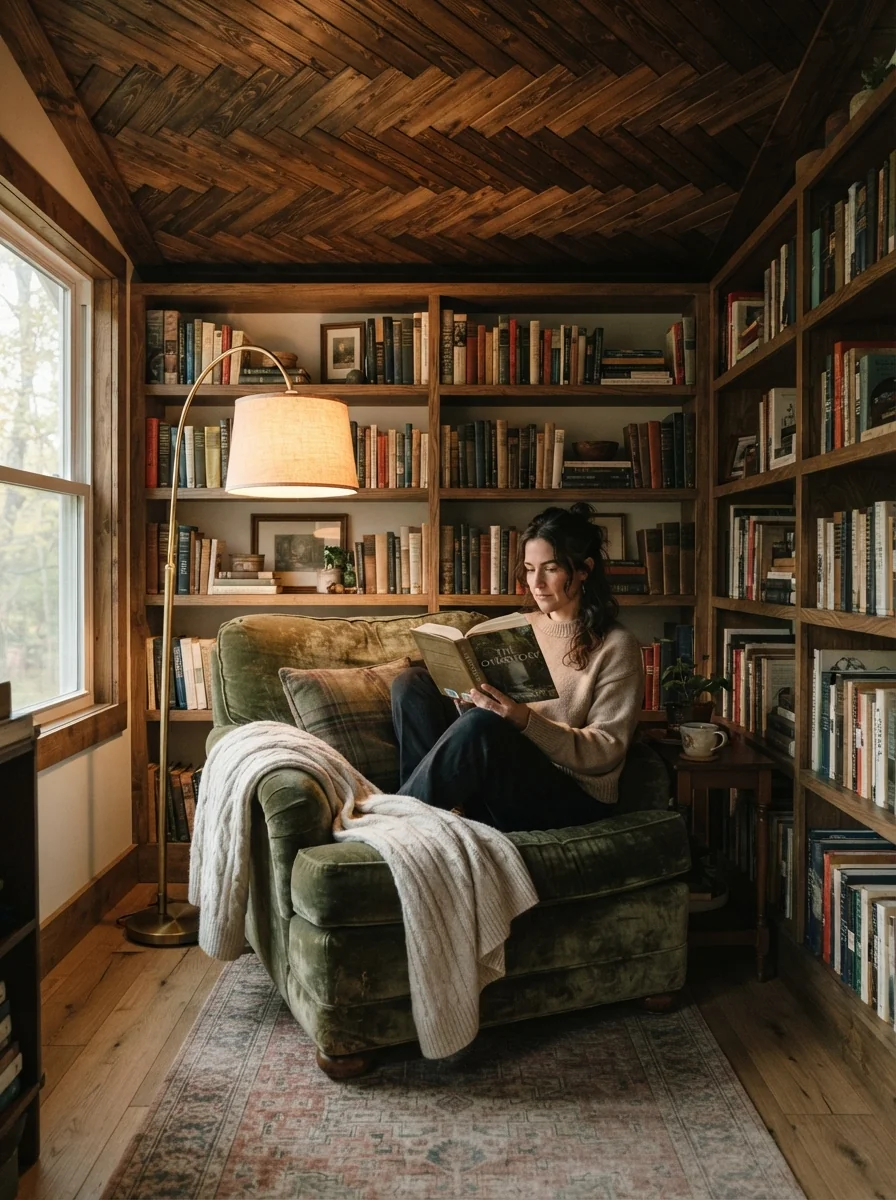 12. Herringbone Wood Ceiling Reading Nook