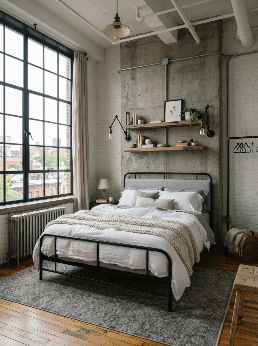6. Industrial Chic Grey Loft Bedroom