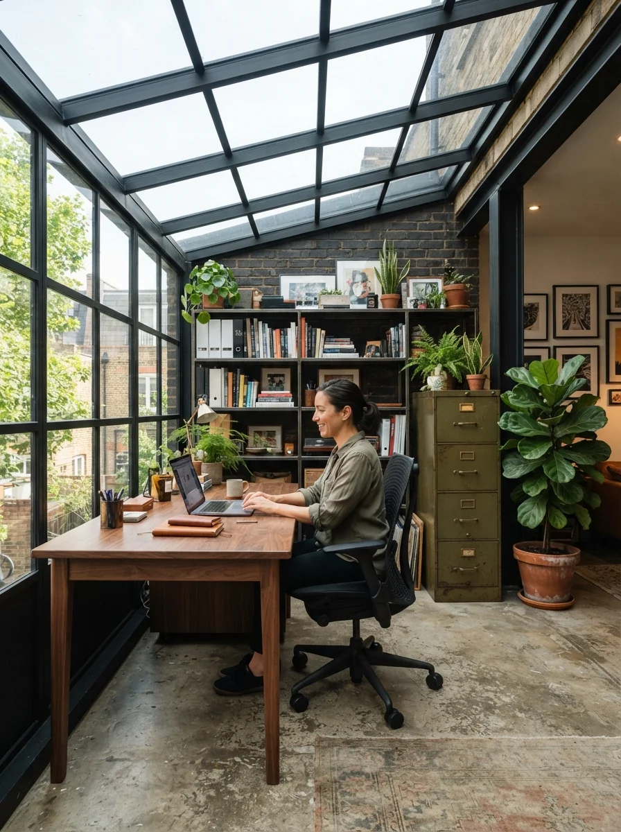 7. Industrial Home Office With Steel-Framed Glass Ceiling