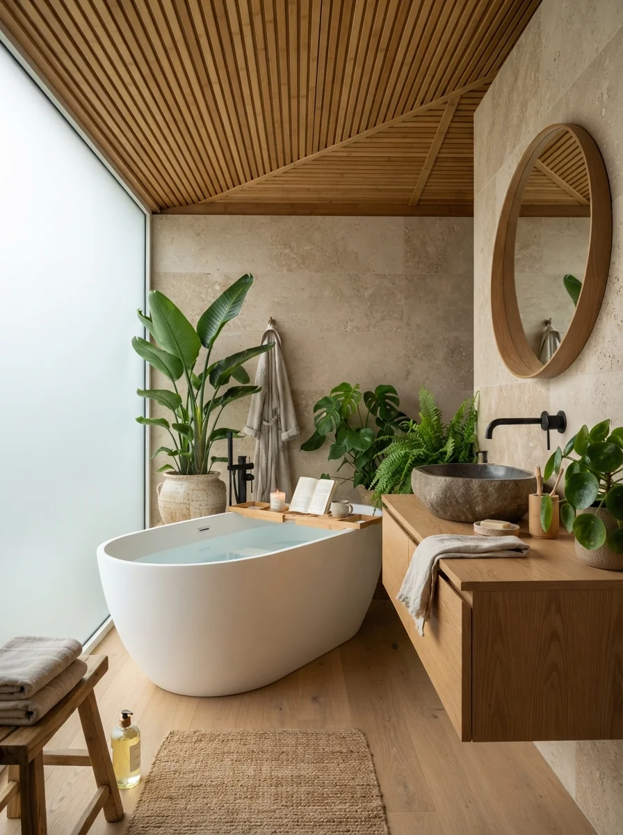 8. Japandi Bamboo Wood Spa Bathroom