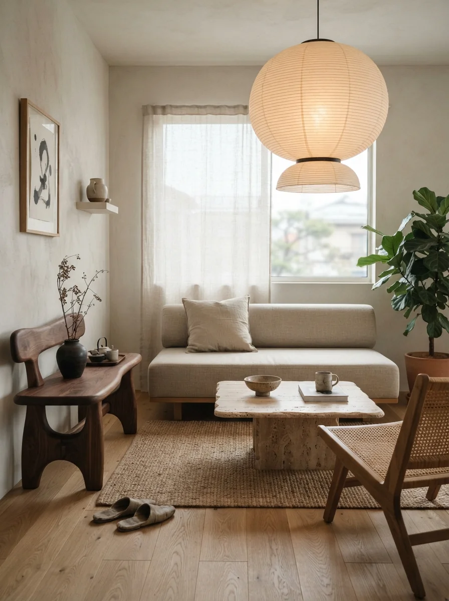 11. Japandi Serenity With A Sculptural Wooden Bench
