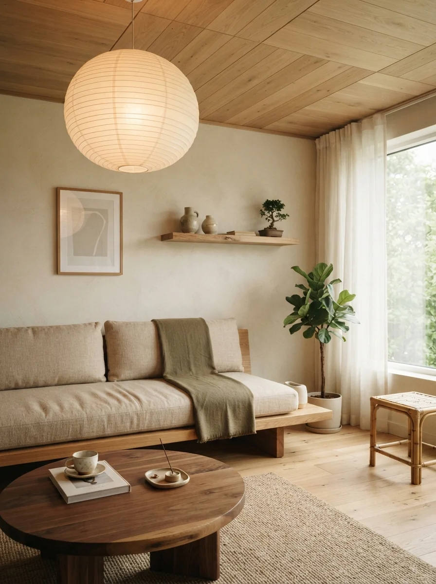 8. Japandi Wood Panel Ceiling Haven