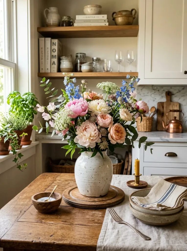 Seasonal flowers and decorative accessories on a beautiful kitchen counter.