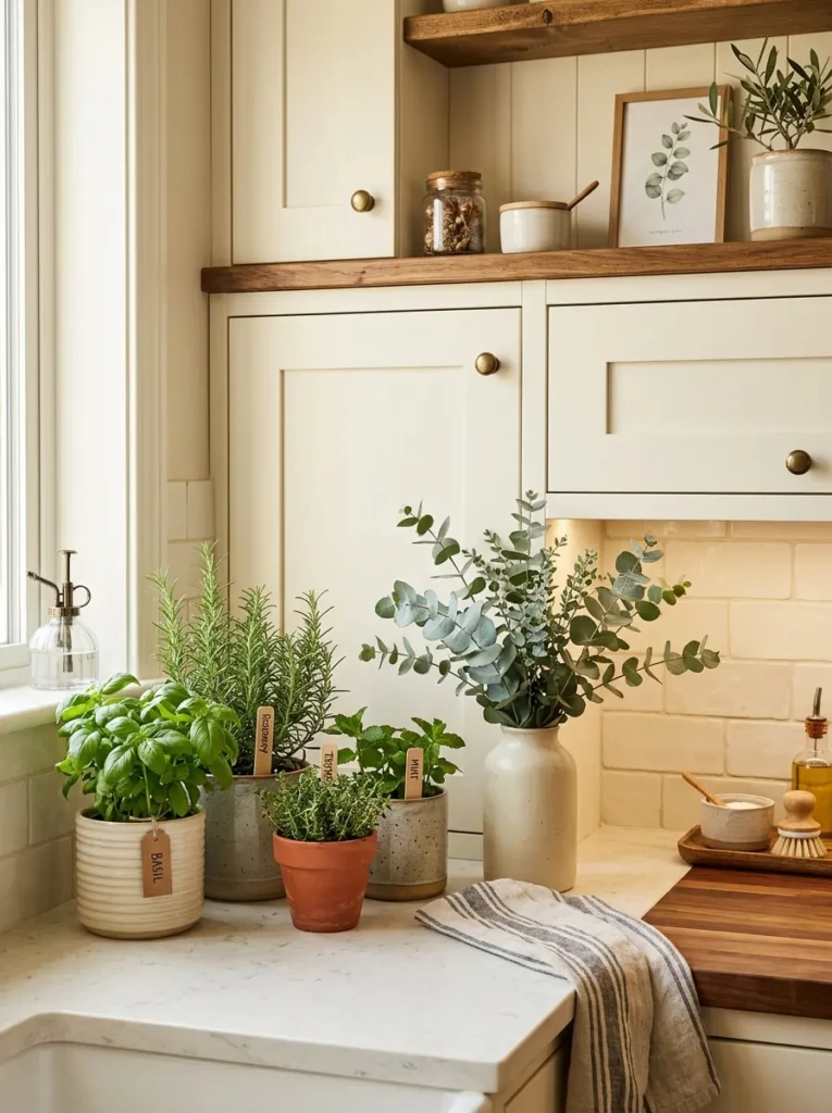 Fresh herbs and ceramic planters adding natural beauty to an off white kitchen.