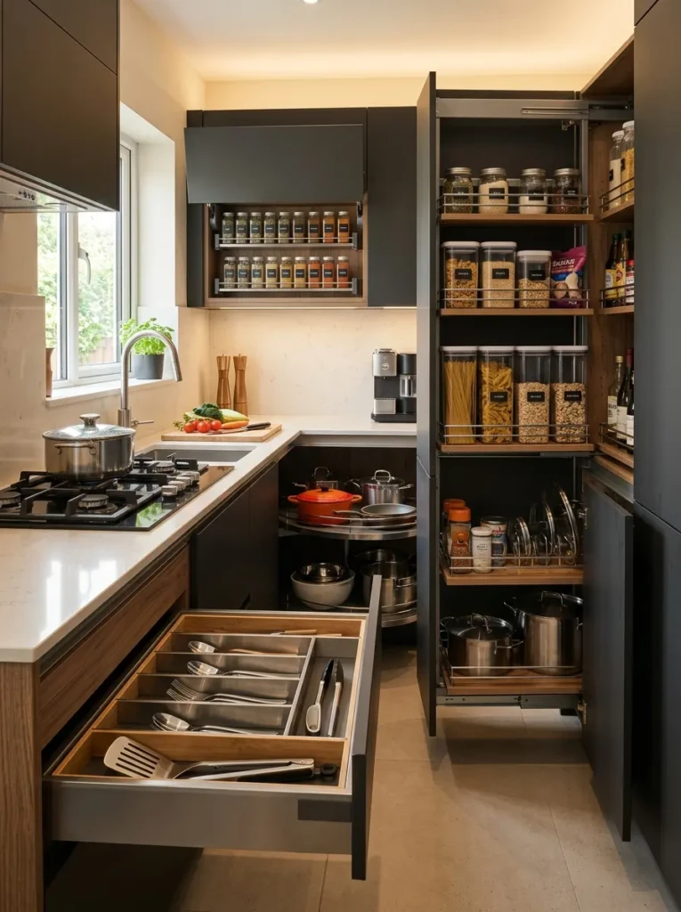 Pull-out pantry, spice racks, and organized kitchen storage drawers.