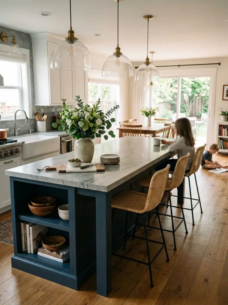 Kitchen island with seating, flowers, and organized prep space.