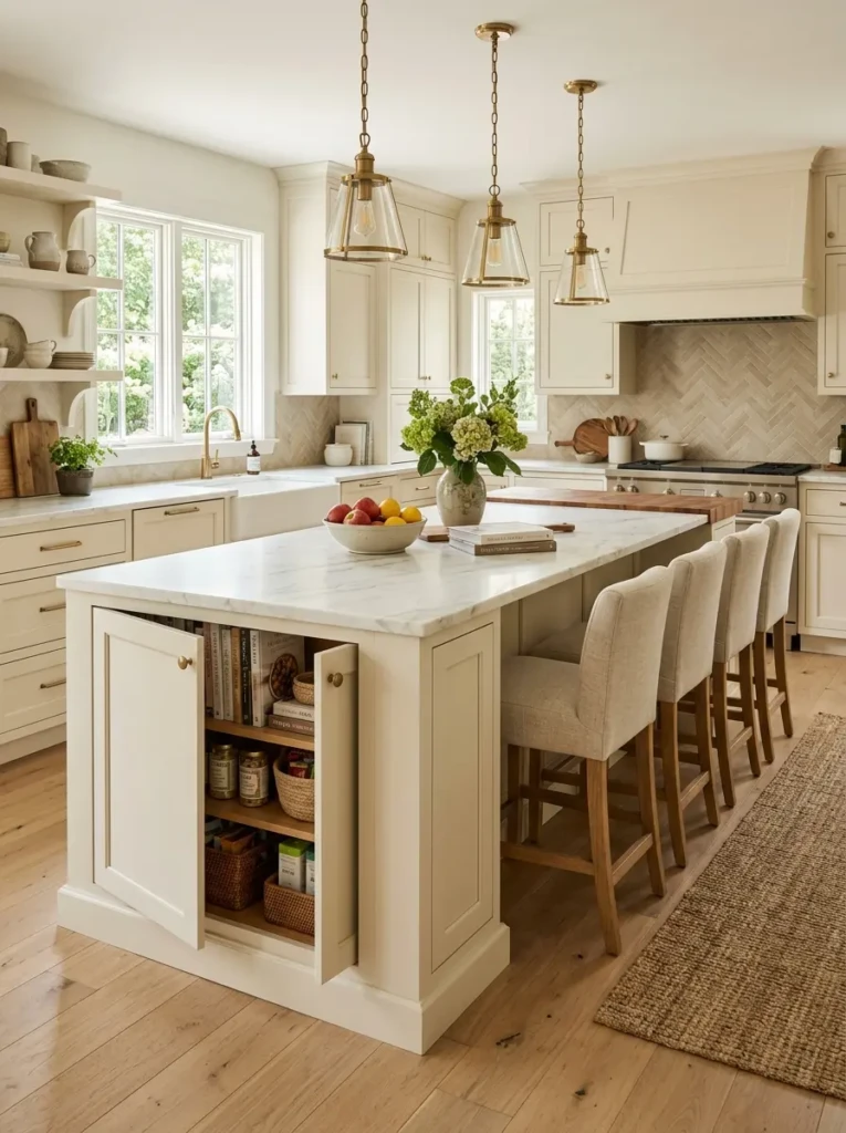 Cozy kitchen island with seating and hidden storage in an off white kitchen.