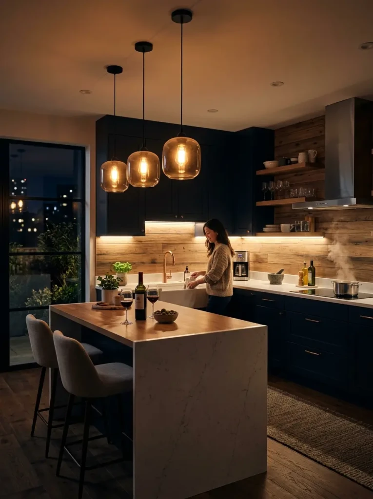 Cozy evening kitchen featuring layered ambient and task lighting.