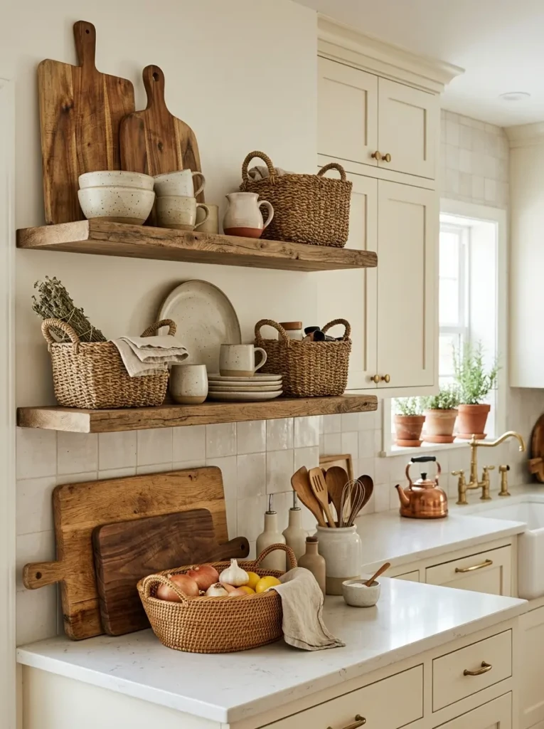 Wooden cutting boards, woven baskets, and neutral décor in an off white kitchen.