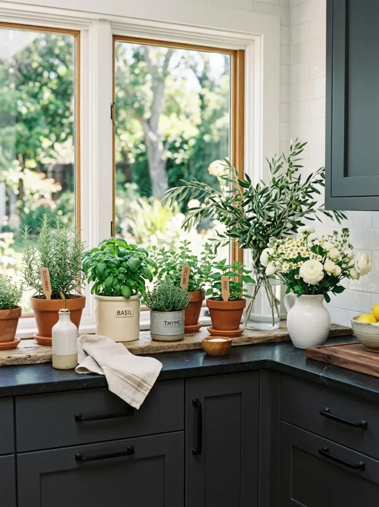 Kitchen windowsill with herbs and flowers beside dark iron ore cabinets.